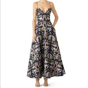 ML Monique Lhuillier Black floral printed jacquard gown